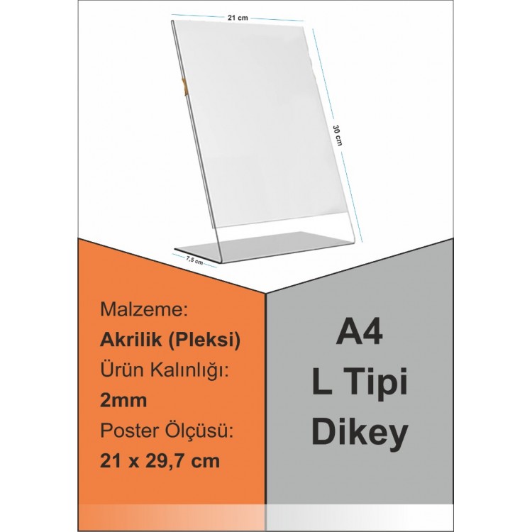A4 L Tipi Dikey Pleksi Föylük 298mm x 210mm
